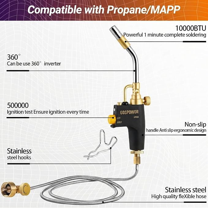High Intensity Propane Torch Head with Hose & Cylinder Clip, Gas Torch Head Fuel by Propane,MAPP, Blow Torch Welding Torch, Trigger Start torch lighter(Fuel Not Included)