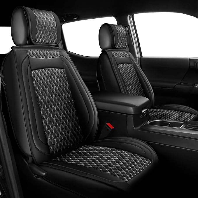 Seat Cover Front Set Compatible with Toyota Tacoma 2009 to 2024 TRD Sport Off Road TRD Pro Limited SR SR5 Package Access Double Extended Cab Pickup Truck Custom Seat Cover(2 Pcs Front Set,Black White)