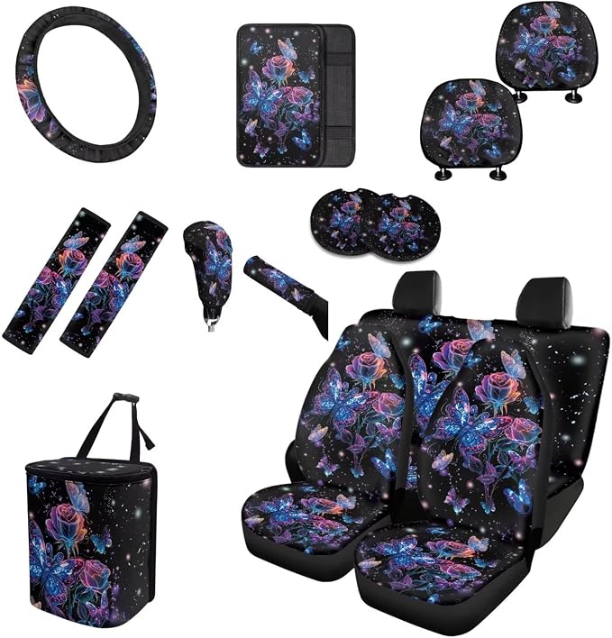 Moon Galaxy Butterfly Car Seat Covers Full Set 15 Pcs Universal Car Accessories Steering Wheel Cover Seat Belt Pads Garbage Bag Car Headrest Pillow Covers Armrest Pad