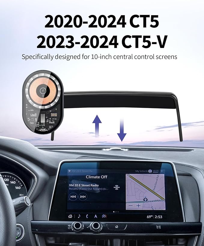 Wireless Charging Car Phone Holder for Cadillac CT5 2020-2024 / CT5-V 2023-2024, 10" Screen Fixed Clip, 360° Rotation Car Phone Mount Compatible with MagSafe