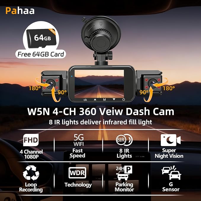 4 Channel Dash Cam Front and Rear Cabin, 360 Dash Camera, Night Vision 8 IR Lamps for Cars, 5G WiFi for Download, G-Sensor, 24H/7 Parking Mode with 64GB Card, Support 256 GB Max