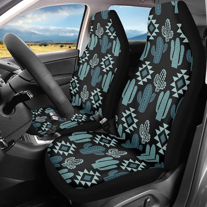 Howilath Green Aztec Cactus Print Car Seat Covers/Steering Wheel Cover/Seatbelt Pads/Coasters/Keychain/Armrest Cushion, 10pcs Auto Interior Accessories