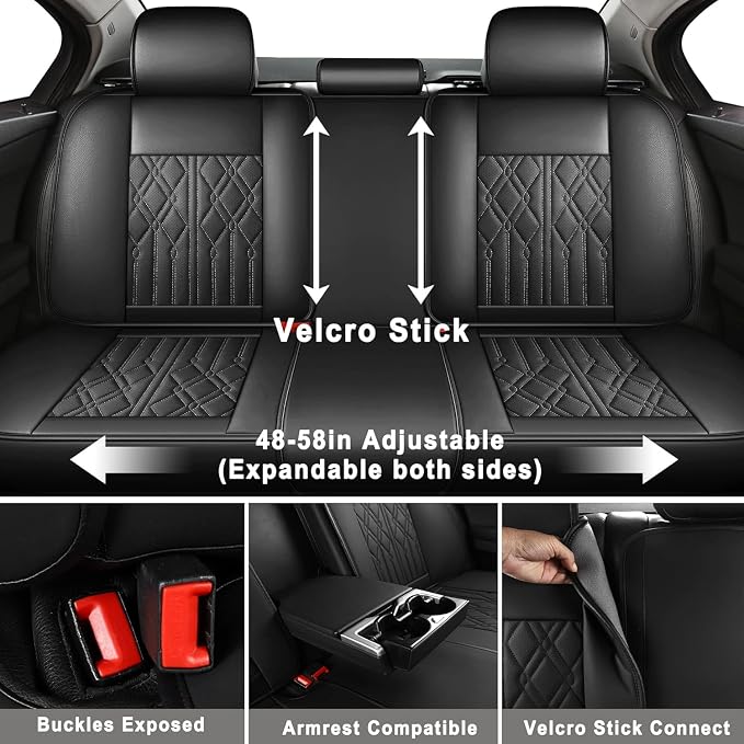 Huidasource Rear Seat Covers, Waterproof Universal Fit Rear Seat Covers for Split Bench, Faux Leather Seat Cushion Cover for Most Cars Sedan SUV Pickup Truck (Back Row/Pure Black)