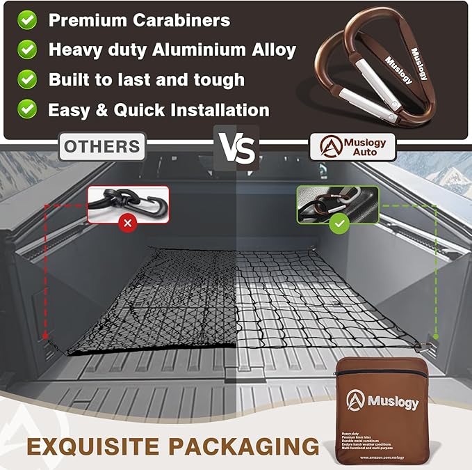 Muslogy Truck Bed Cargo Net Trunk Netting Compatible with Pickup Bed Stretchable 4'x6' to 8'x12' Accessories, Pickup Cargo Organizer SUV Sedan Storage Net w/Heavy Duty Carabiners
