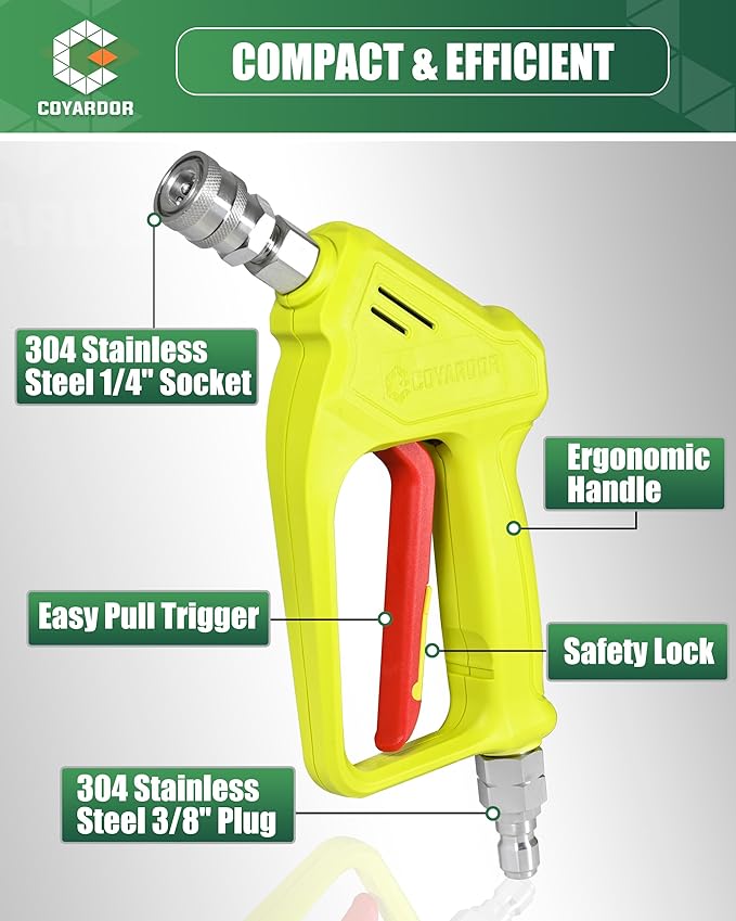 Pressure Washer Short Gun with Swivel 3/8" Male Plug & 1/4”Quick Connector Coupler - Comfortable Handle - Compatible with Foam Cannon for Car Wash 4000 PSI, Yellow