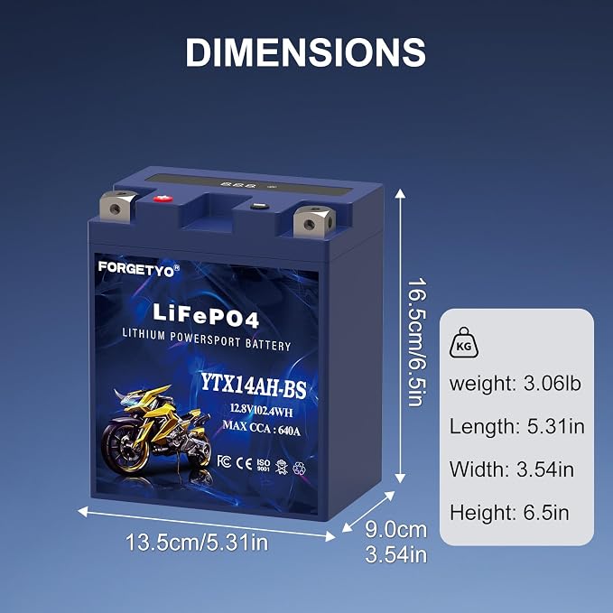 Lithium Motorcycle Battery, Forgetyo YTX14AH-BS 12V 8AH 640A LiFePO4 Lithium Battery, ATV, UTV, Jet Ski Battery
