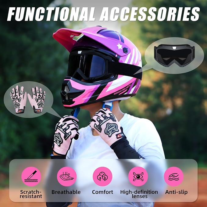 Youth Dirt Bike Helmet DOT Approved, Kids Motocross Full Face Helmet with Adjustable Goggles Riding Gloves & Storage Bag, Off-Road Sport Gear Set for Boys Girls ATV UTV