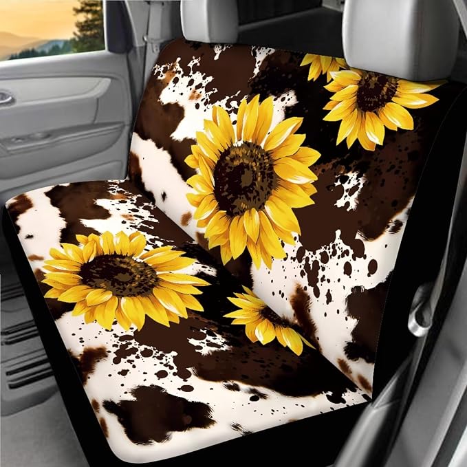 Sunflower Print Car Seat Covers Full Sets 18 Pcs Sunflower Cow Print Car Accessories Set with Steering Wheel Cover Auto Trash Can Car Headrest Covers Belt Pads Cover Armrest Pad,Universal Fit