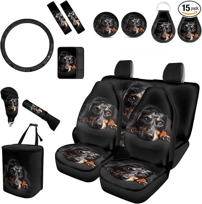 Forchrinse Dachshund Car Accessories Set 15pcs,Car Front Back Seat Covers,Steering Wheel Cover,Seat Belt Pads Gear Shift Knob Handbrake Cover Cup Holder Trash Can for Men Women Gift
