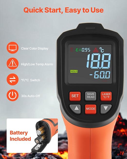 VEVOR Infrared Thermometer, -22℉ to 2912℉ Dual-Mode IR Thermometer Gun with K-Type Thermocouple, Dual Laser Heat Temperature Gun Non-Contact for Metal Smelting/Engine/Industry/Cooking (Not for Human)