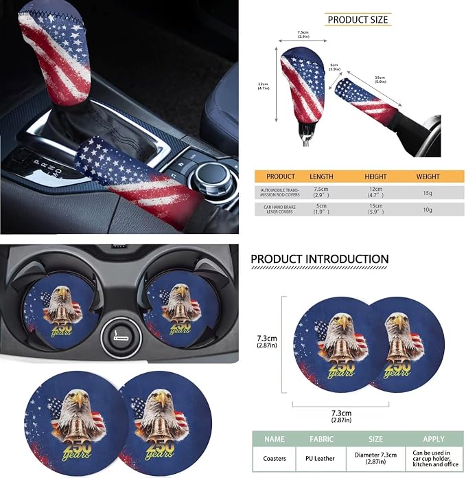 Eagle Print Car Seat Covers Set of 18 American Flag Print Car Front Rear Seat Covers with Steering Wheel Cover Safety Belt Pad Armrest Cushion 250 Years Interior Decor for Cars