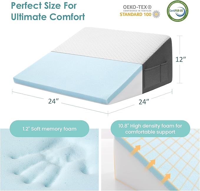 Cozymaker 12" Bed Wedge Pillow for Sleeping After Surgery, Back Support, Leg Elevation, Gerd Acid Reflux, Relief Neck Pain, Sleep Apnea, Snoring, Cooling Memory Foam Triangle Incline Wedge