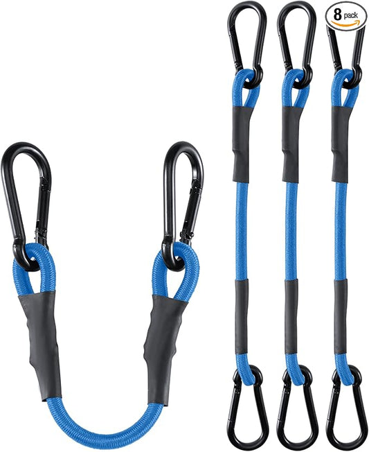 8 Pack 18 Inch Heavy Duty Bungee Cords with Carabiner Hooks, 190 lbs Max Strength Bungee Straps for Cargo, Bike, Cart, Roof Rack, Truck, Tent, Camping, Motorcycle, Outdoor Storage and More, Blue