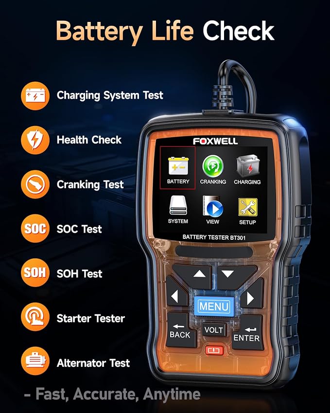 FOXWELL BT301 12V Car Battery Tester Automotive Battery Analyzer Load Tester & Portable Carrying Case for OBD2 Scanner & Battery Testers