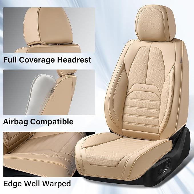 Car Seat Covers Full Set, Beige Seat Covers for Cars, Automotive Seat Covers, Waterproof Nappa Leather Front Seats and Back Car Seat Protector, Universal Fit for Most Cars SUV Trucks