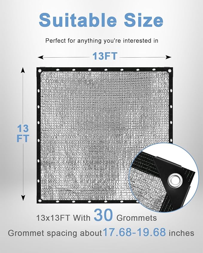 vensovo 95% Aluminum Shade Cloth - Reflective Aluminium Shade Netting Sun Shade Cover with Grommets for Cars, Dogs, Outdoor, RV, Patio (13x13FT)