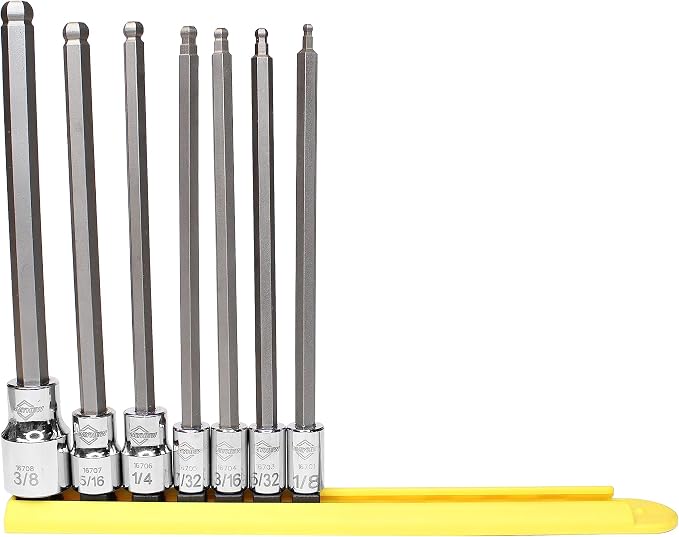 Mayhew Tools 16045 SAE Ball Hex Insert Socket Bit Set, Chrome, 7-Piece Long-Length
