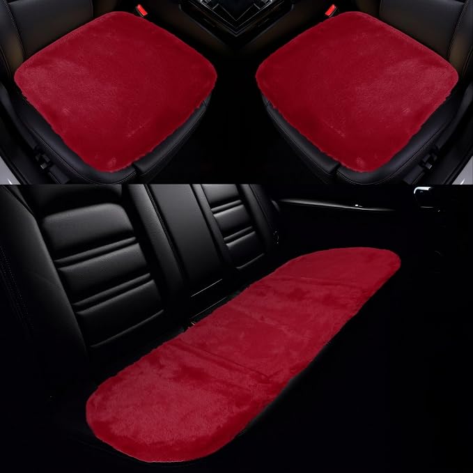 X AUTOHAUX Universal Car Seat Cover Set Car Seat Cushion for Front Rear Seat Shearling Wool Seat Mat Wine Red 1 Set