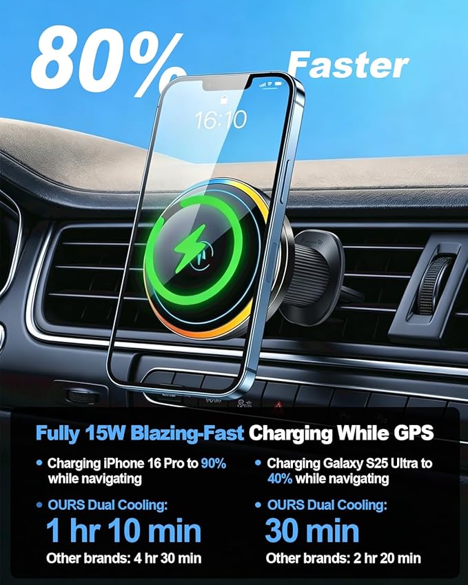 Wireless Car Charger with Semiconductor Cooling, Magnetic Phone Mount for iPhone 17/16/15/14/13 Series, 15W Fast Charging Car Holder with RGB Ambient Light, Auto-Aligning Vent Clip Mount
