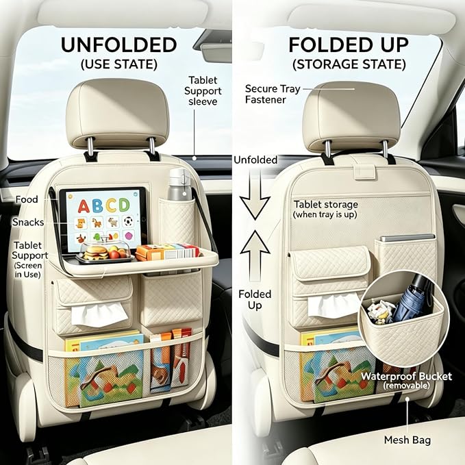 Premium PU Leather Car Seat Back Organizer with Foldable Tray & Transparent Touch Screen Tablet Pouch, Travel Accessories with Storage Bin, Cup Holder, Tissue Pocket, Hook, Fit SUV Sedan Truck (Beige)