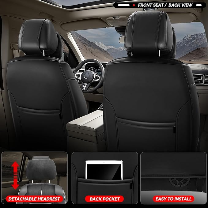 Auto Dynasty Car Seat Covers Front Set, Anti-Slip Automotive Interior Covers with Storage Pocket, Breathable Car Seat Protectors, Airbag Compatible, Universal Fit Most Vehicles, Black (Voris Series)
