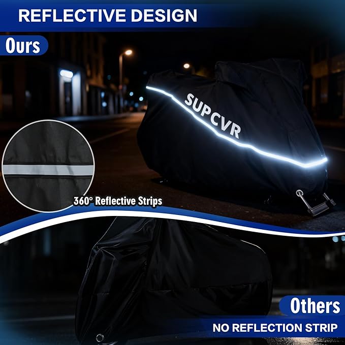Motorcycle Cover 600D Heavy Duty Waterproof Outdoor All Season Protection Durable Rain UV Windproof Elastic Hem Storage Bag&Night Reflective Vehicle Covers Fit up to 104" Motorcycles