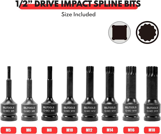 BILITOOLS 8-Piece Impact XZN Triple Square Spline Bit &Hex Allen Bit &Torx Bit Socket Set 1/2 inch Drive, M5-M18, Cr-Mo Steel