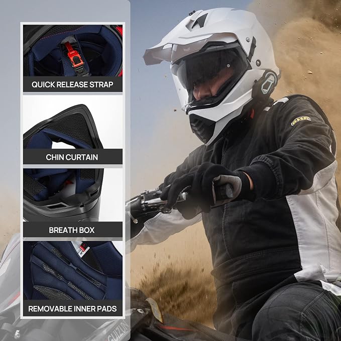 ILM Dual Sport Adventure Motorcycle Helmet with Pinlock Compatible Sun Visor Snowmobile ATV Dirt Bike Off Road Casco Model WS902 (White, M)