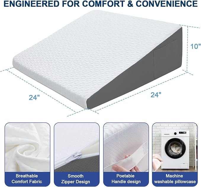 Wedge Pillow for Sleeping, 10" Bed Wedge After Surgery, Back Pain Relief, Memory Foam Pillow Triangle Incline Wedge for Back Support, Leg Elevation