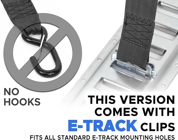PowerTye - 2inch x 10ft Long Retractable Ratchet Tie Down Strap with E-Track Clips - Self-Retracting Ratchet, 800 lb W.L.L., Ideal for Cargo, ATV, Golf Carts, Includes Storage Bag, Black (Pair)