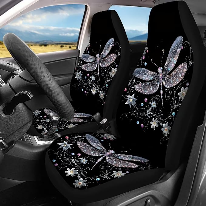 Dragonfly Car Accessories Set 17 Pack Starry Sky Dragonfly Car Seat Covers Full Sets with Vehicle Front Rear Carpets Mats Seat Belt Shoulder Pad Steering Wheel Covers Car Interior Supplies