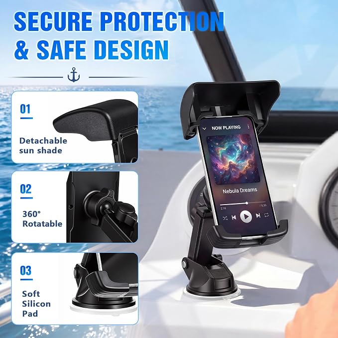 Tellegloww 1 Pack Boat Phone Holder, Marine Cell Phone Holder with Sunshade, Black 360 Degree Adjustable Suction Cup, Smartphone Accessory for Boat Rail, Car, Cycling, Pontoon and Outdoor Use