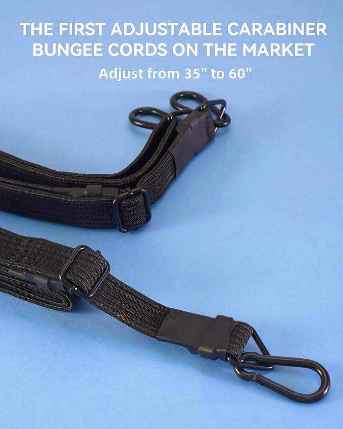 60 Inch Adjustable Carabiner Bungee Cords with 190 Lbs Max Break Strength - Adjust from 35" to 60" - Heavy Duty Flat Carabiner Bungee Straps with Upgraded Hooks for Tents, Cargo, Luggage, etc (4 Pcs)