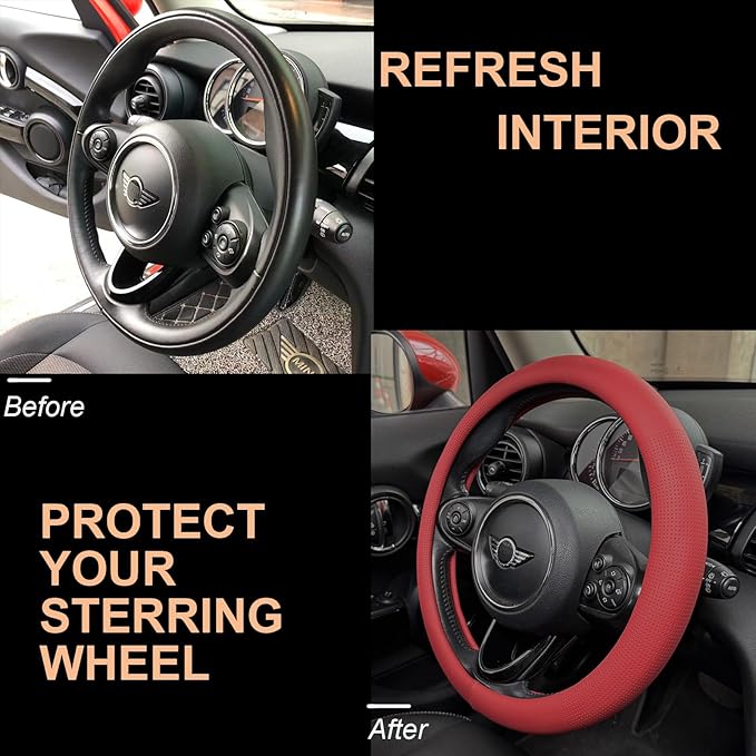 PINCTROT Large Size Nappa Leather Steering Wheel Cover, Slim Fit No Bulk Design, One Piece Leather with Breathable Perforation, Fit Like Gloves, 15.5-15.75 Inch(Nappa Rust Red)