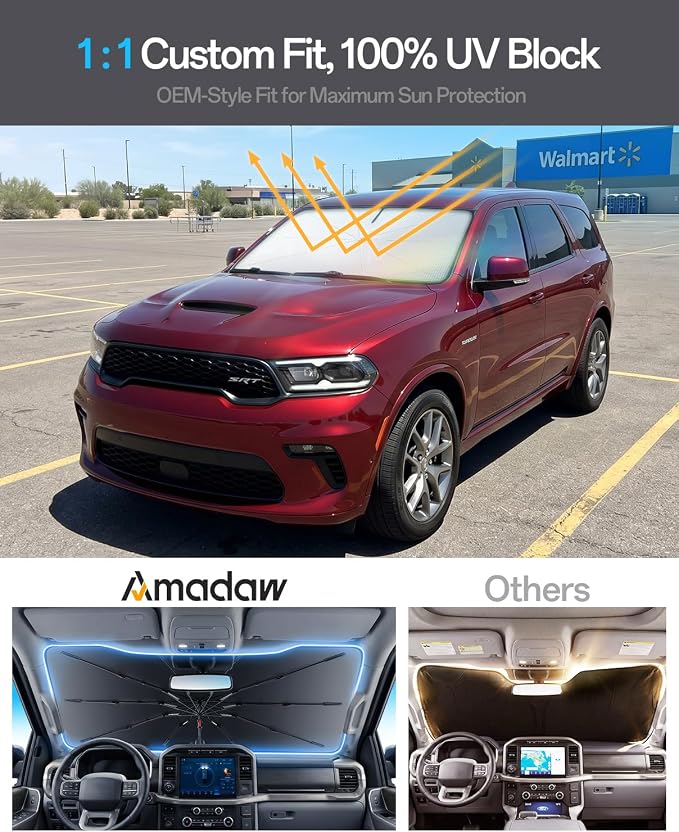 Windshield Sun Shade for Dodge Durango 2000–2026, Foldable Umbrella Sunshade with 100% UV Block, Multi-Layer Heat Insulation, Reinforced 10-Rib Frame, Keeps Car Cooler, Summer Car Accessory