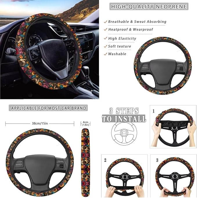 Xoenoiee Pug Dog and Flowers Pattern 11 Pcs Car Accessories with Front & Rear Auto Seats Covers, Steering Wheel Cover, Seat Belt Pads, Cup Coaster, 2 Pcs Keyrings - Universal Fit
