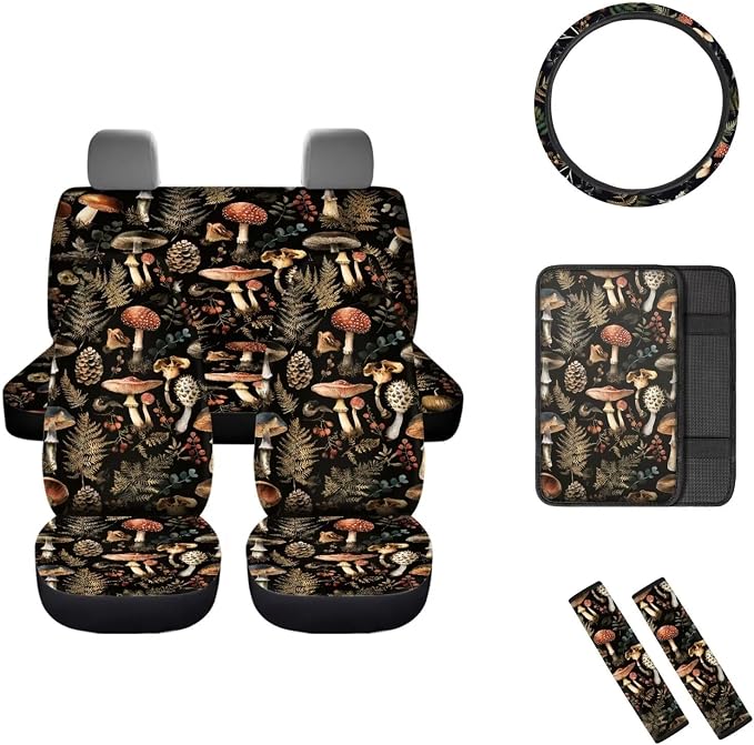 Mumeson 3D Mushroom Pattern Car Seat with Steering Wheel Covers Non-Slip + Seat Belt Strap Pads Cushion Shoulder Pad +Car Armrest Cushion Pad Universal Fit Truck SUVs Most Vehicle