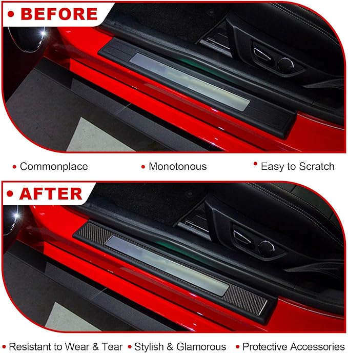 Real Carbon Fiber Door Sill Protectors Compatible with Ford Mustang 2015-2023, Interior Door Sill Guards & Edge Scratch Shields