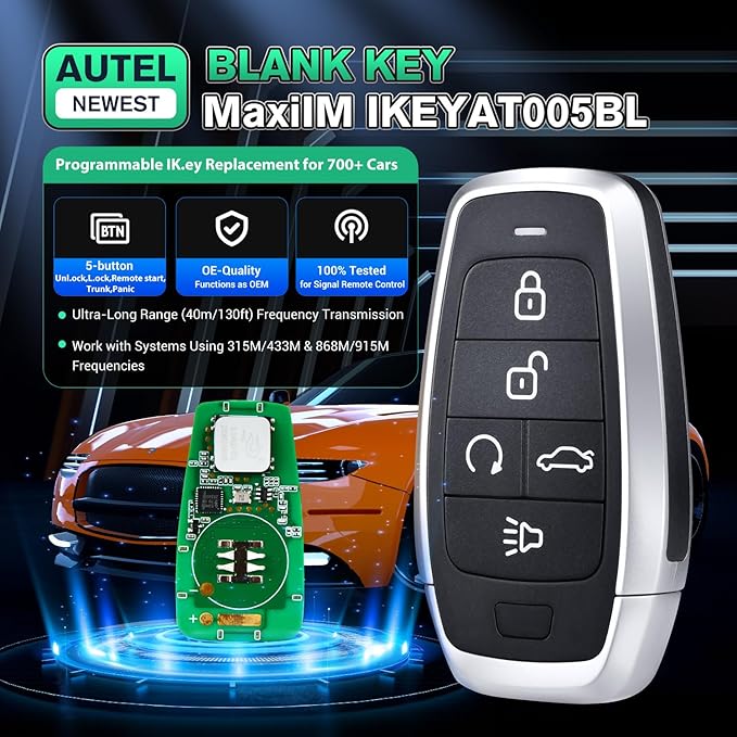Autel MaxiIM Blank Key, IKEYAT005BL, Programmable Universal Remote Fob Replacement, 5-Button, OE-Quality, OBD Learning for 700+ Cars, Dual-Band, 130FT Remote, Multi-Frequency, Work w/ KM100 Scan Tool