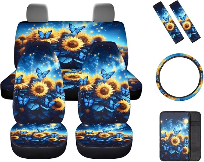 Sunflower Butterfly Print Car Seat Covers Full Set with Auto Steering Wheel Cover Car Armrest Pad Protectors Auto Seat Belt Pads, Automotive Interior Accessories - 8 Pack