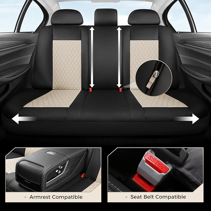 Coverado Front and Back Seat Covers, 5-Pack Universal Seat Covers for Cars, Leather & Fabric Splicing Design Car Seat Protectors, Waterproof Seat Cushions Universal for Most Vehicles, Black & Beige
