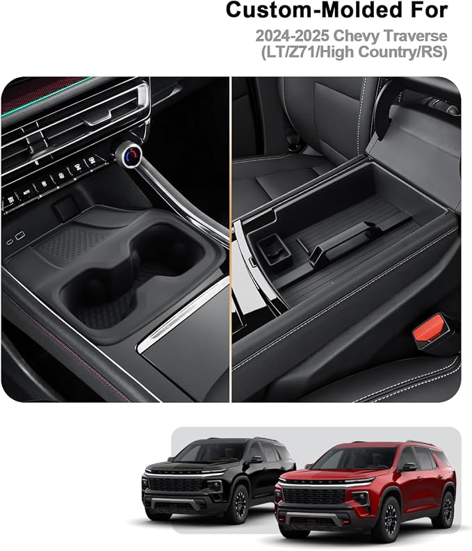 2026 Traverse Center Console Organizer - 2 Pcs Center Console Organizer Tray With Center Handle + Integrated Molding Silicone Cup Holder With Charging Pad For 2024-2026 Chevy Traverse Accessories