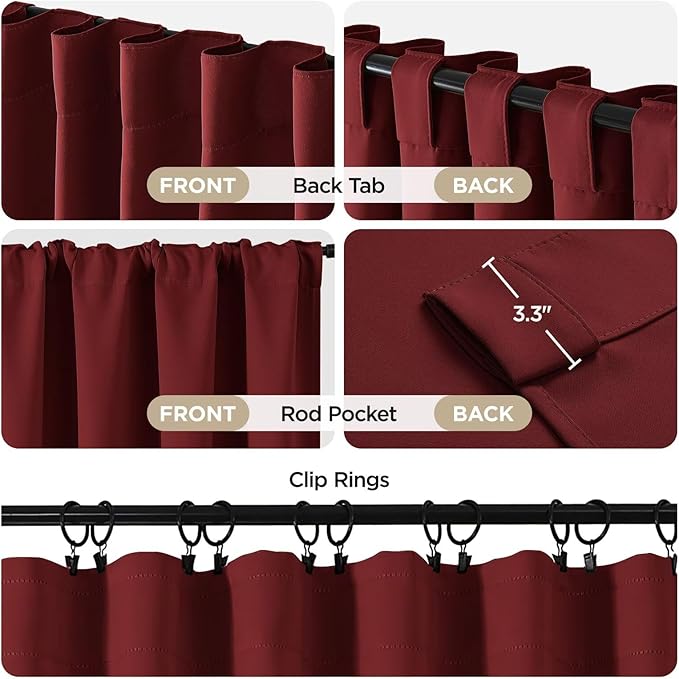 Joydeco Blackout Curtains 108 Inches Long, Thermal Insulated Black Out Curtains 2 Panels Set, Room Darkening Drapes for Living Room Window Rod Pocket Back Tab (W52 x L108 Inch, Burgundy Red)