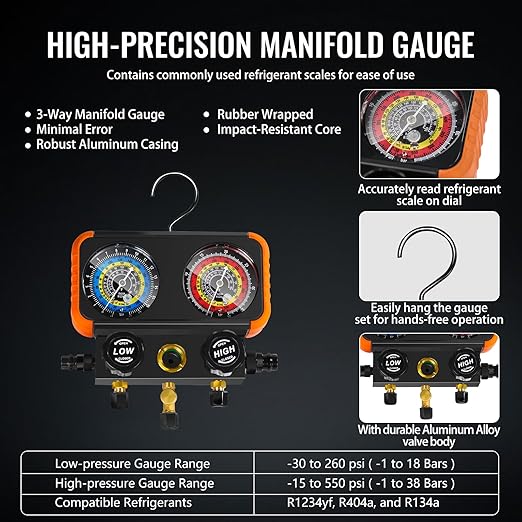 VTG VOGTEN R1234yf AC Vacuum Pump and Gauge Set,4.5CFM Vacuum Pump Manifold Gauge Kit for Auto HVAC Compatible with R1234yf,R404a,R134a,Includes Leak Detector,R1234yf Can Tap,Quick Coupler Adapters