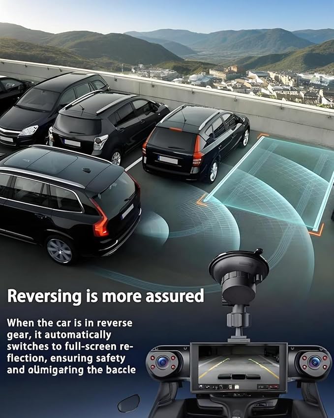 Car Dash Cam Wireless Front Rear 360 Full View 4K Dual Security 24HR Rechargeable 4 Channel Mirror Rearview Interior Auto Video On-Dash Mounted Driving Recorder Truck Electronics Accessory(128G)