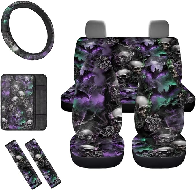 8 Pcs Smoke Skull Car Seat Covers Full Set Car Accessories for Women Front Seat Cover Steering Wheel Armrest Cover Seat Belt Cover for Auto SUV Interior Decoration