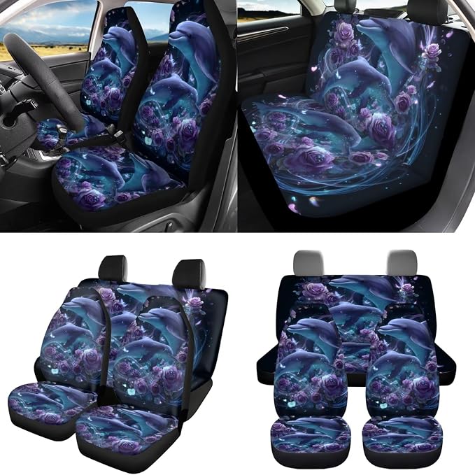 Purple Rose Dolphin Car Seat Covers Full Set 8 Pcs Car Accessories for Women Front Seat Cover Steering Wheel Armrest Cover Seat Belt Cover for Auto SUV Interior Decoration