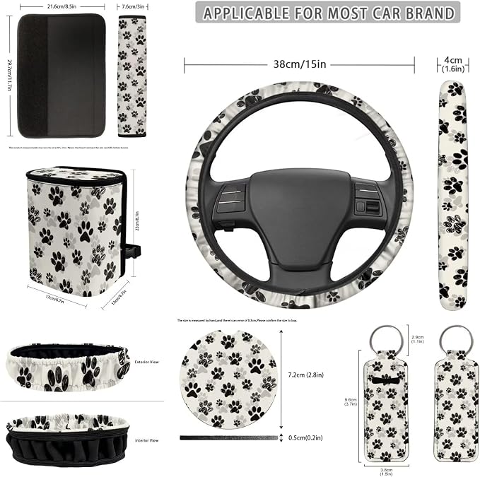 Dog Paw Prints 12 Pack Car Seat Covers Full Set Car Steering Wheel Cover Car Seat Belt Cover Keychain Holder Chapstick Holder Universal Fit for Vehicles,Cars,Suvs,Vans,Sedans