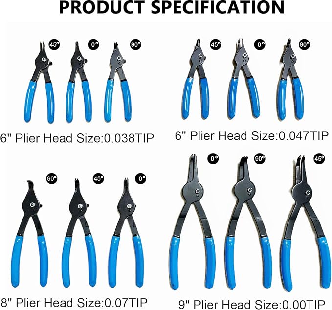 12Pcs Snap Ring Pliers Set, Internal & External Circlip Pliers Kit | Heavy Duty Fixed Straight/45°/90° Jaw Tips, Retaining Snap Ring Pliers Set for 0.038" 0.047" 0.070" 0.090"