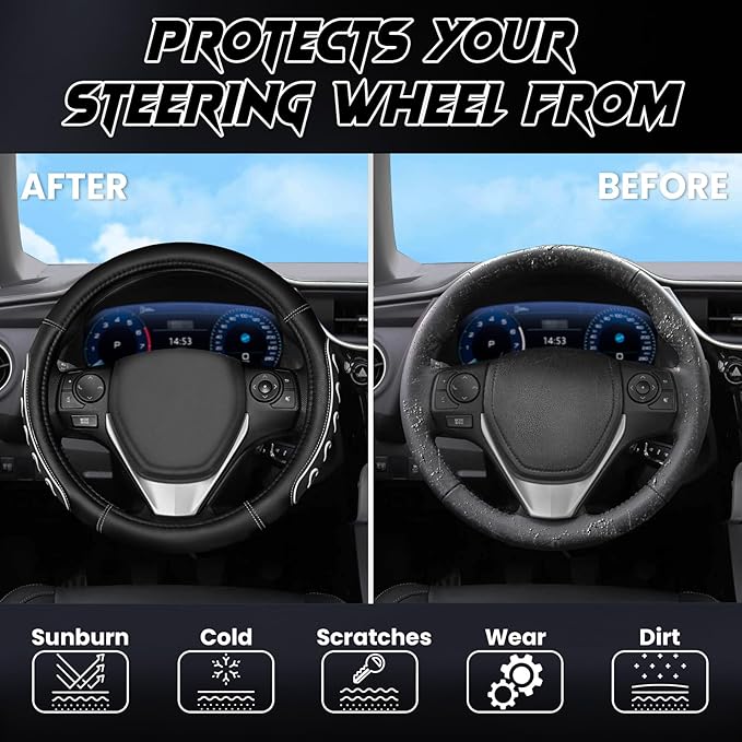 Ventilated Heart-Shaped Steering Wheel Cover with Anti-Slip Leather Grip. Compatible with Ford, Toyota, Honda, Nissan, and Chevrolet Vehicles for 14.5-15.2 inch Round Steering Wheels.